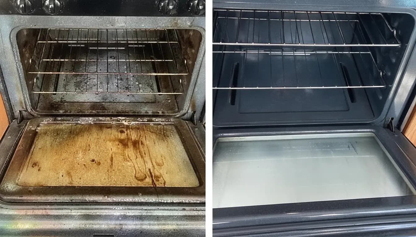 Oven interior shown dirty on the left and clean on the right after a deep clean