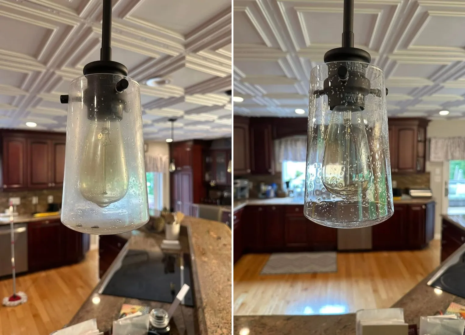 Kitchen pendant light glass shade shown water-spotted and dull on the left and bright, sparkling clean on the right after a Trustyclean visit